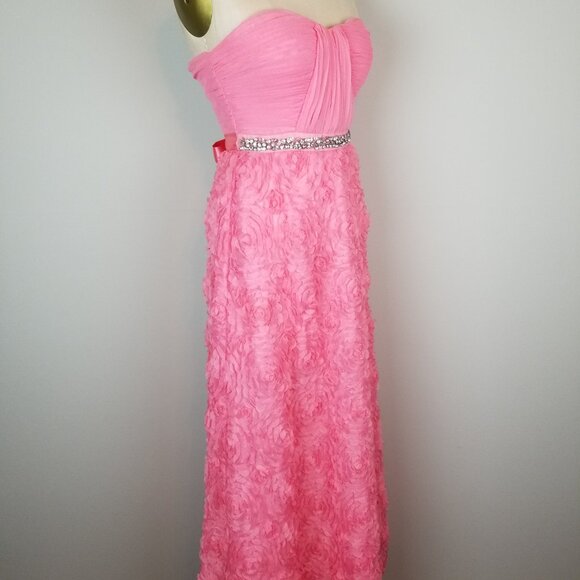 Gorgeous Ruffled Floral Coral Pink Formal Maxi Length Dress with Rhinestone Belt - Picture 8 of 12